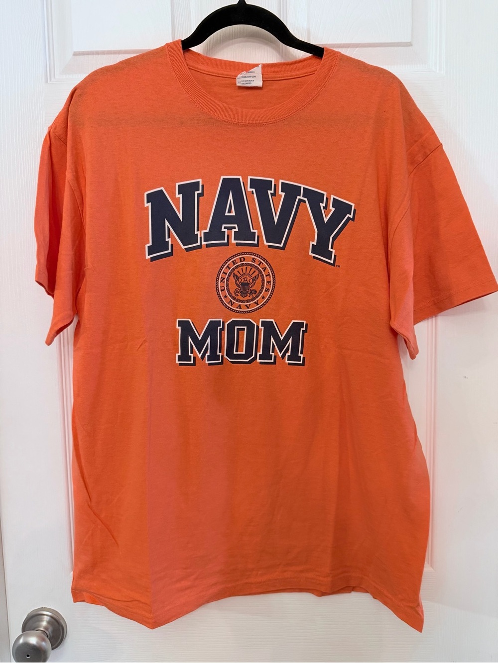 Soffe Orange NAVY MOM Short Sleeve Tee with Navy & White Print, Large
